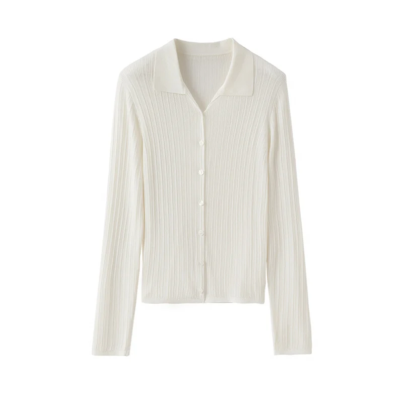 Damen Feinstrick-Cardigan mit Rippenstruktur, Knopfleiste und Polokragen Drune