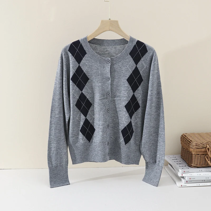 Damen Feinstrick-Cardigan mit Rautenintarsien und Knopfleiste Drune