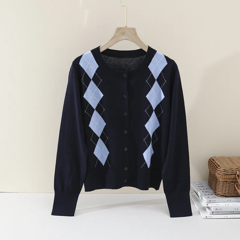 Damen Feinstrick-Cardigan mit Rautenintarsien und Knopfleiste Drune