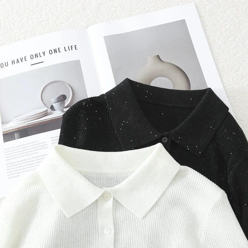 Damen Feinstrick-Cardigan mit Polokragen, Knopfleiste und dezentem Glitzereffekt Drune