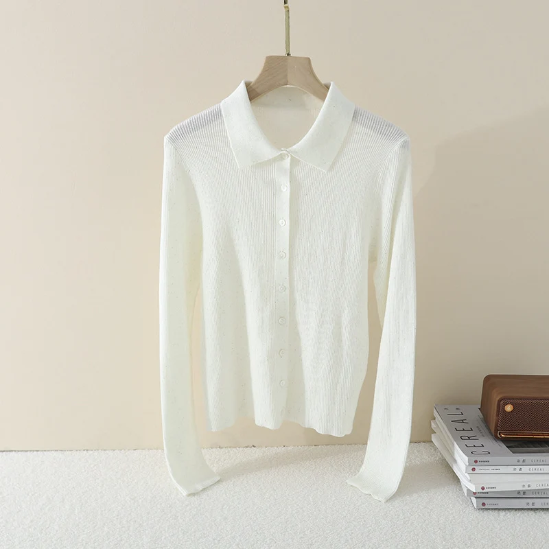 Damen Feinstrick-Cardigan mit Polokragen, Knopfleiste und dezentem Glitzereffekt Drune