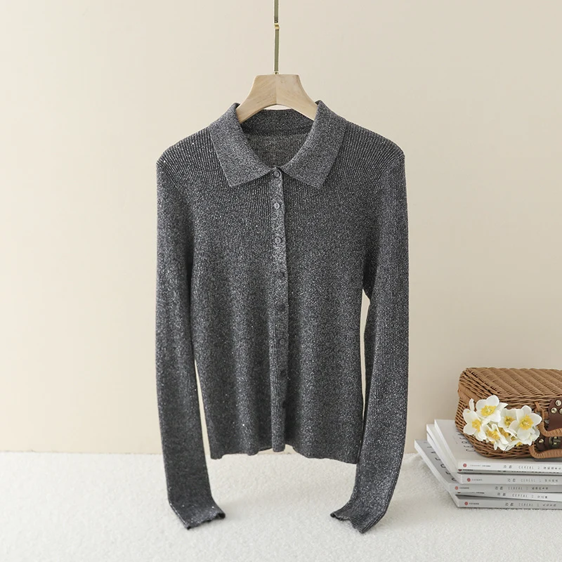 Damen Feinstrick-Cardigan mit Polokragen, Knopfleiste und dezentem Glitzereffekt Drune