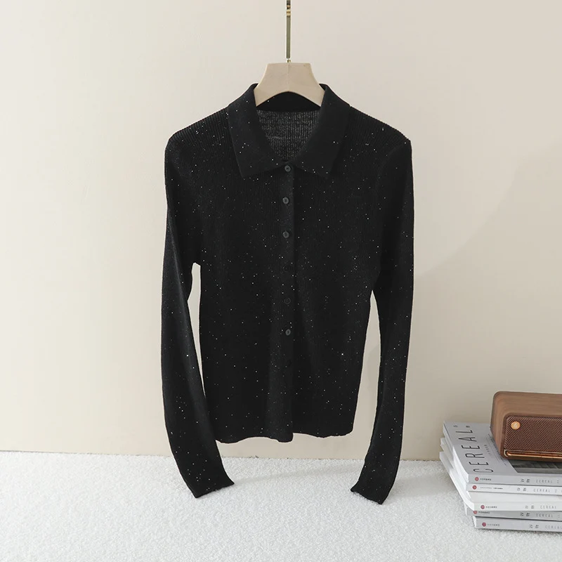 Damen Feinstrick-Cardigan mit Polokragen, Knopfleiste und dezentem Glitzereffekt Drune