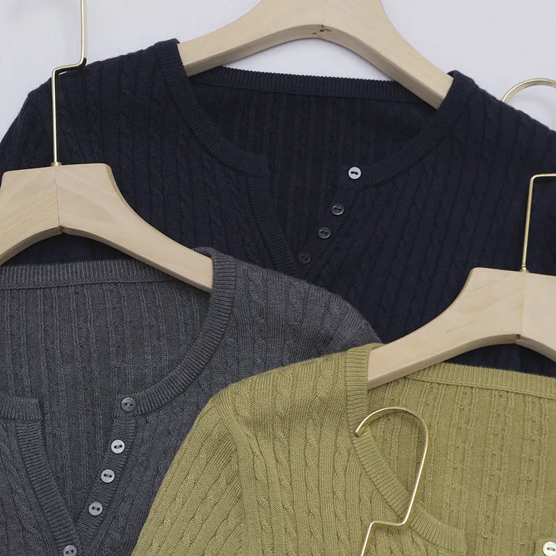 Damen Feines Zopfmuster-Henley-Feinstrickshirt mit Rundhals & Knopfleiste Drune
