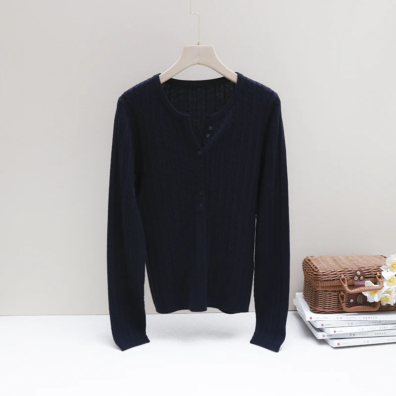 Damen Feines Zopfmuster-Henley-Feinstrickshirt mit Rundhals & Knopfleiste Drune