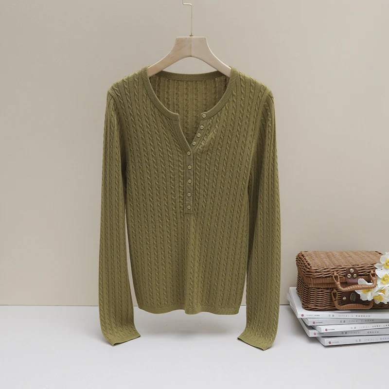 Damen Feines Zopfmuster-Henley-Feinstrickshirt mit Rundhals & Knopfleiste Drune
