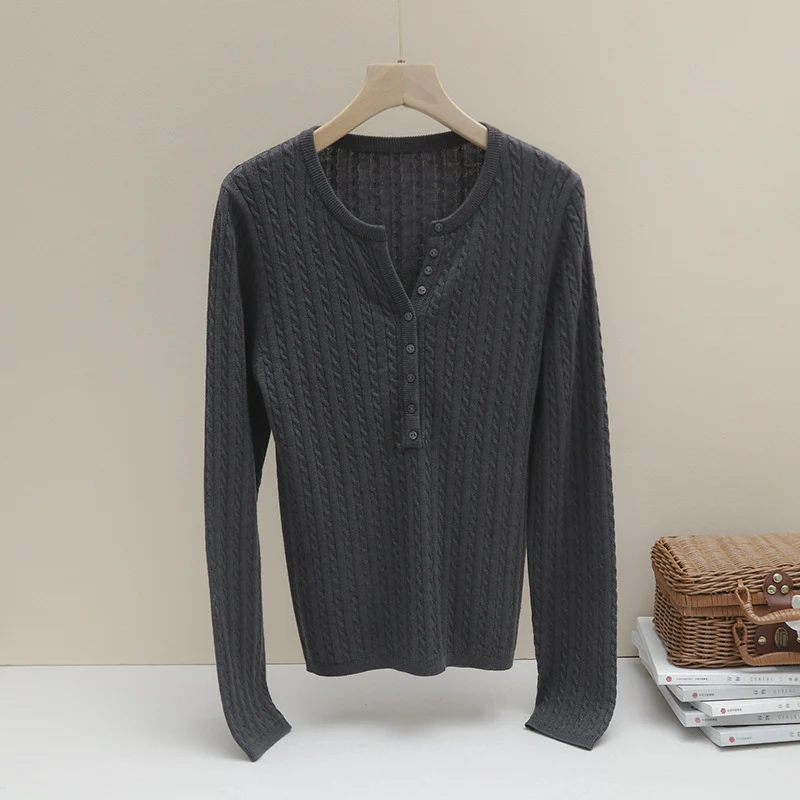 Damen Feines Zopfmuster-Henley-Feinstrickshirt mit Rundhals & Knopfleiste Drune