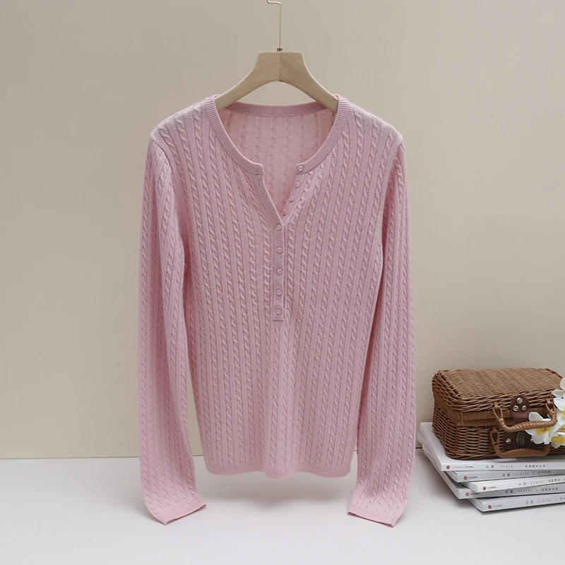Damen Feines Zopfmuster-Henley-Feinstrickshirt mit Rundhals & Knopfleiste Drune