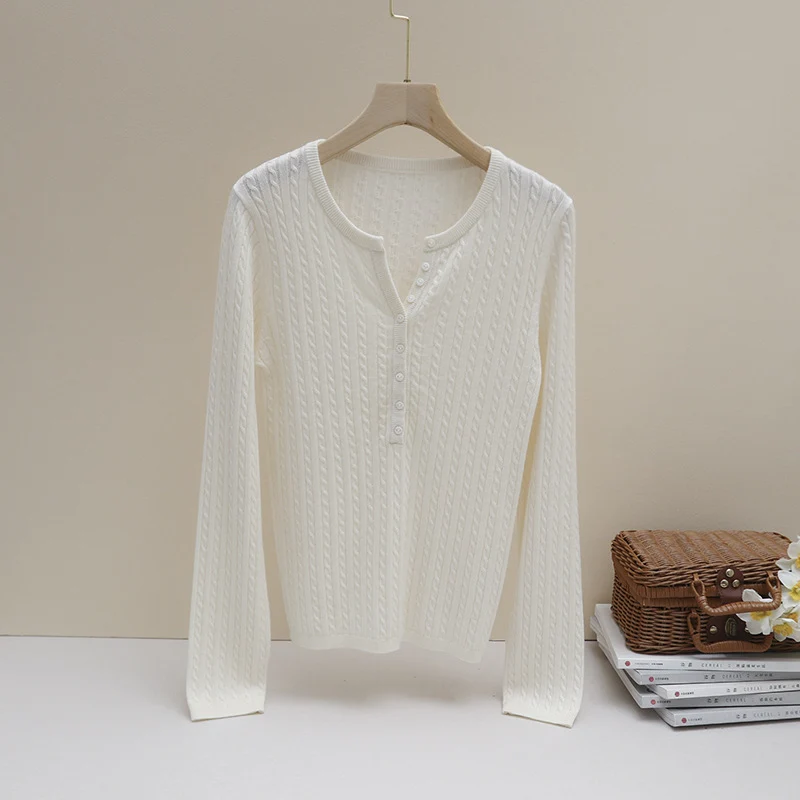 Damen Feines Zopfmuster-Henley-Feinstrickshirt mit Rundhals & Knopfleiste Drune