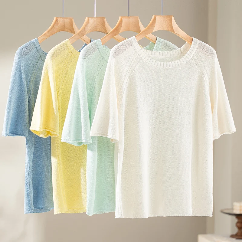 Damen Feines Strickshirt mit halblangen Ärmeln und Rundhalsausschnitt Drune