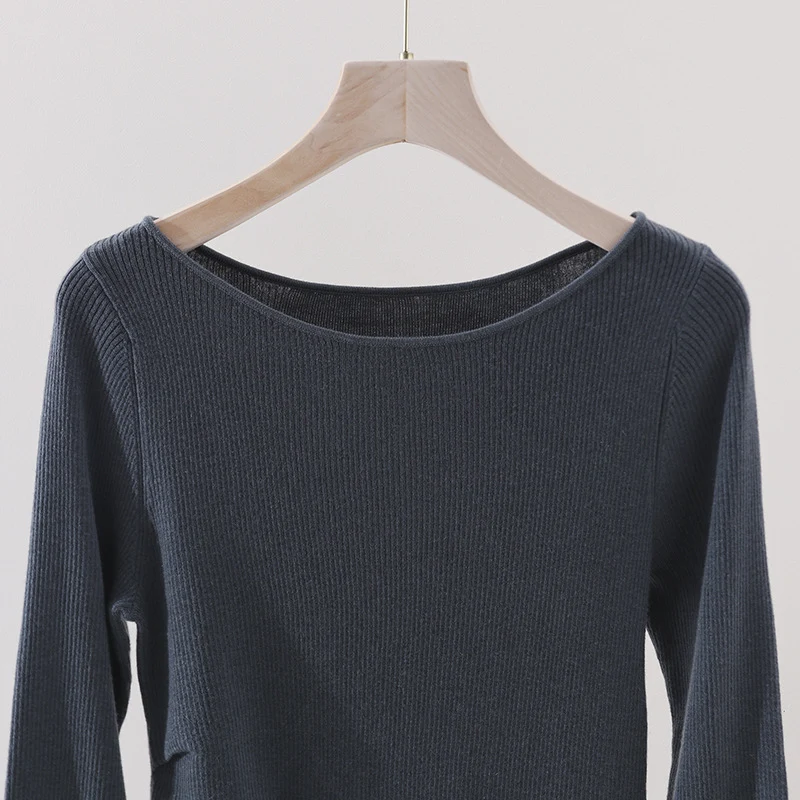 Damen Feines Rippenstrick-Longsleeve mit weitem U-Boot-Ausschnitt & seitlicher Raffung Drune