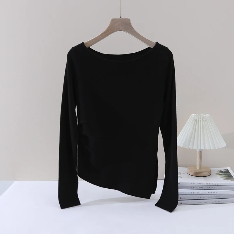 Damen Feines Rippenstrick-Longsleeve mit weitem U-Boot-Ausschnitt & seitlicher Raffung Drune