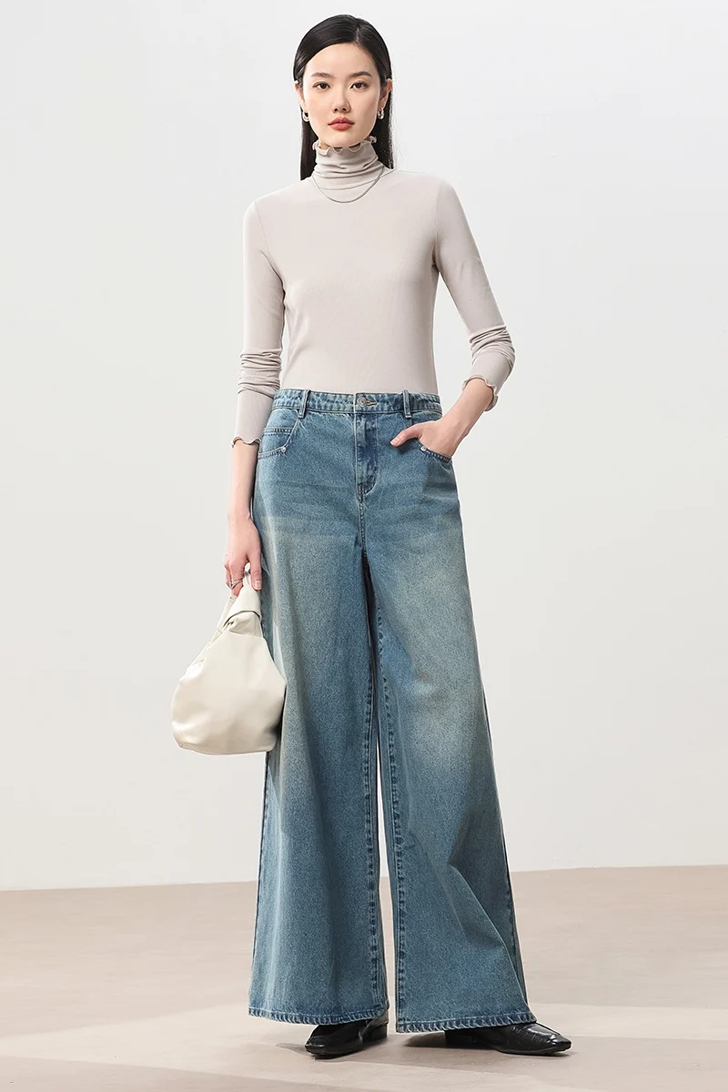 Damen Feines Ripp-Langarmshirt mit Rollkragen und Volantkanten Drune