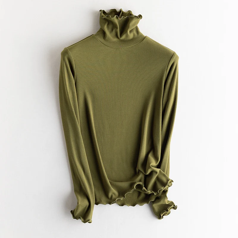 Damen Feines Ripp-Langarmshirt mit Rollkragen und Volantkanten Drune