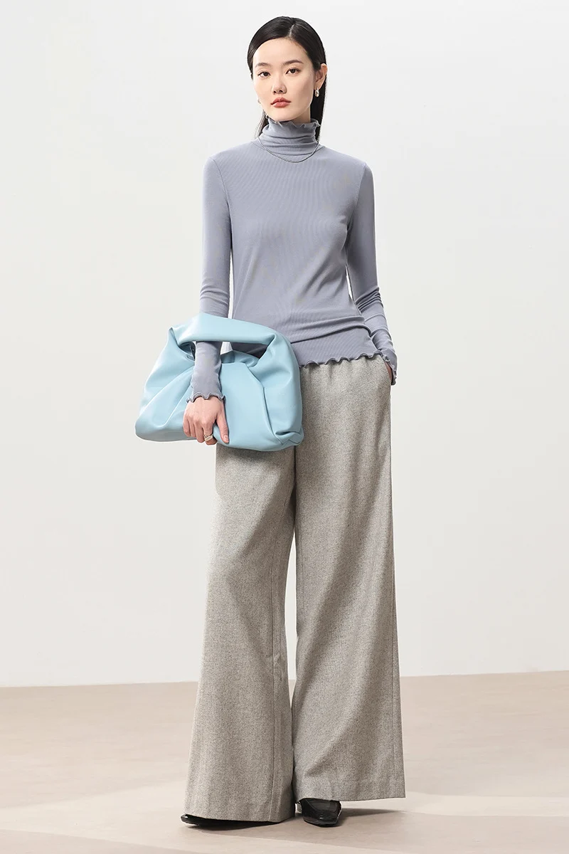 Damen Feines Ripp-Langarmshirt mit Rollkragen und Volantkanten Drune