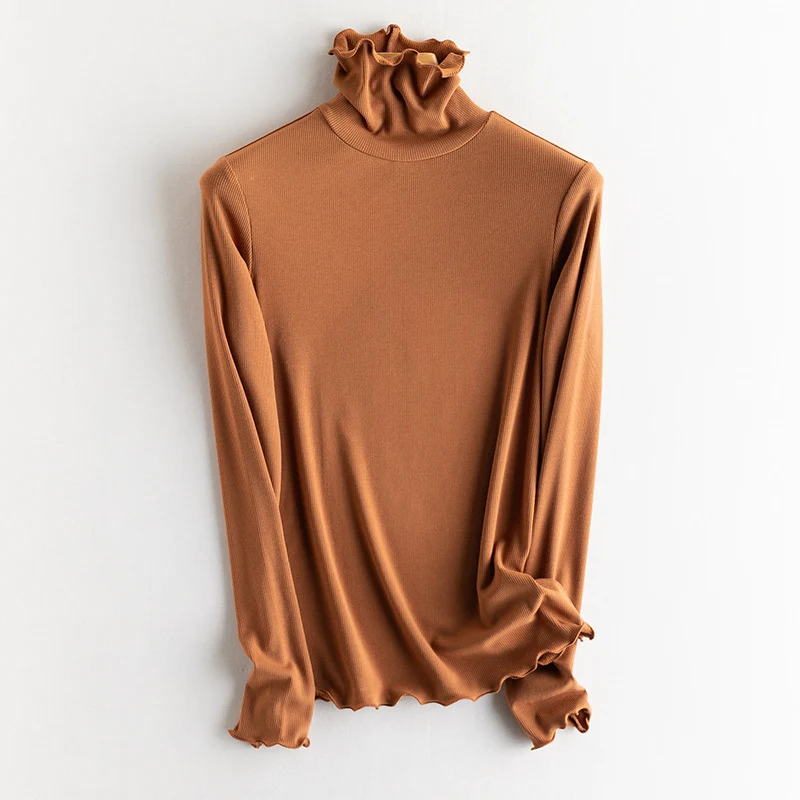 Damen Feines Ripp-Langarmshirt mit Rollkragen und Volantkanten Drune
