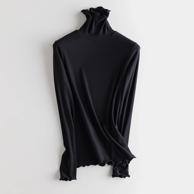 Damen Feines Ripp-Langarmshirt mit Rollkragen und Volantkanten Drune
