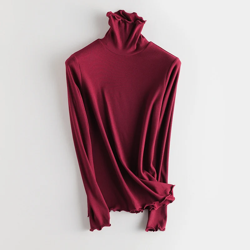 Damen Feines Ripp-Langarmshirt mit Rollkragen und Volantkanten Drune