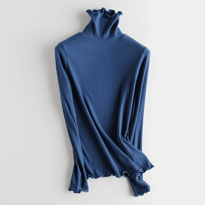 Damen Feines Ripp-Langarmshirt mit Rollkragen und Volantkanten Drune