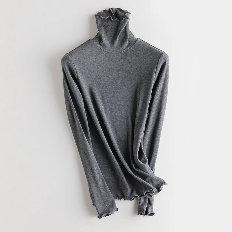 Damen Feines Ripp-Langarmshirt mit Rollkragen und Volantkanten Drune