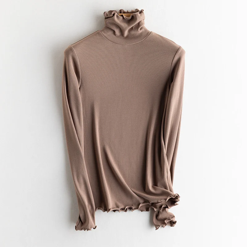Damen Feines Ripp-Langarmshirt mit Rollkragen und Volantkanten Drune