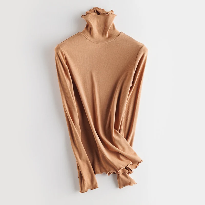 Damen Feines Ripp-Langarmshirt mit Rollkragen und Volantkanten Drune