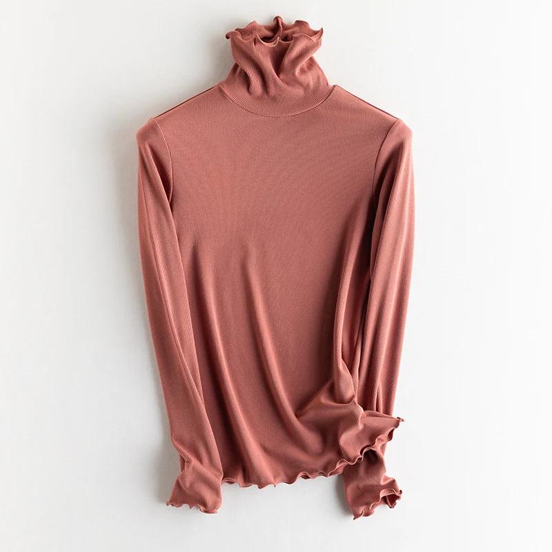 Damen Feines Ripp-Langarmshirt mit Rollkragen und Volantkanten Drune