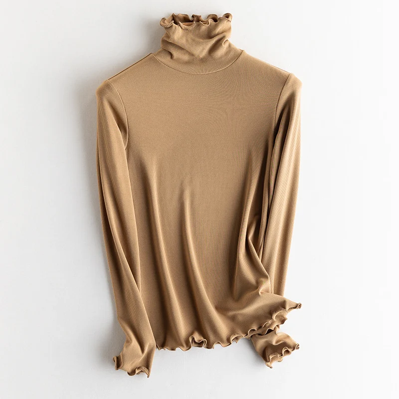 Damen Feines Ripp-Langarmshirt mit Rollkragen und Volantkanten Drune