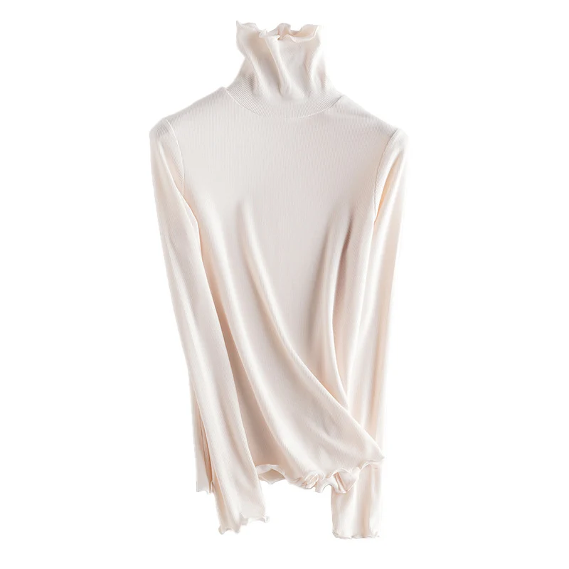 Damen Feines Ripp-Langarmshirt mit Rollkragen und Volantkanten Drune