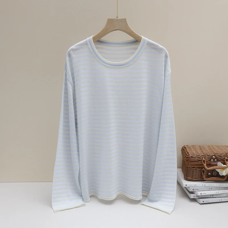 Damen Feines gestreiftes Langarmshirt mit Rundhalsausschnitt aus leichtem Jersey Drune