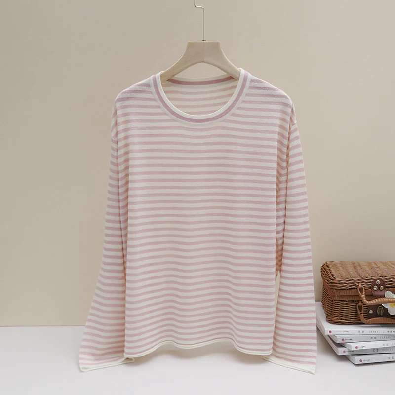 Damen Feines gestreiftes Langarmshirt mit Rundhalsausschnitt aus leichtem Jersey Drune