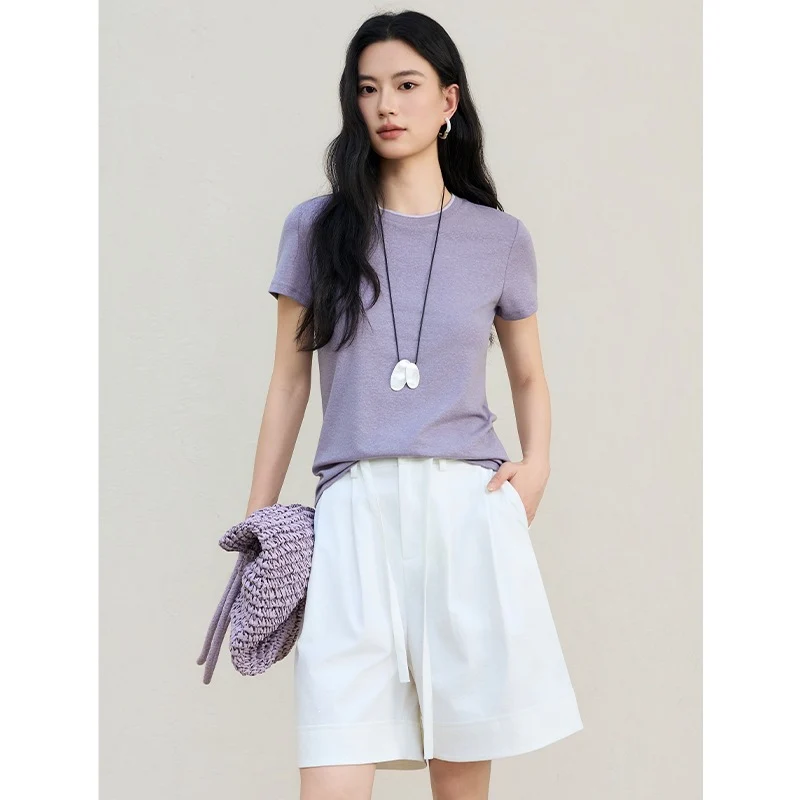 Damen Feines geripptes Kurzarm-T-Shirt aus stretchigem Baumwoll-Modal mit Rundhals Drune