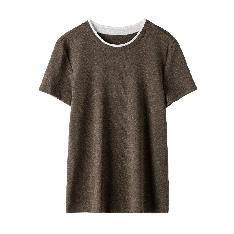 Damen Feines geripptes Kurzarm-T-Shirt aus stretchigem Baumwoll-Modal mit Rundhals Drune