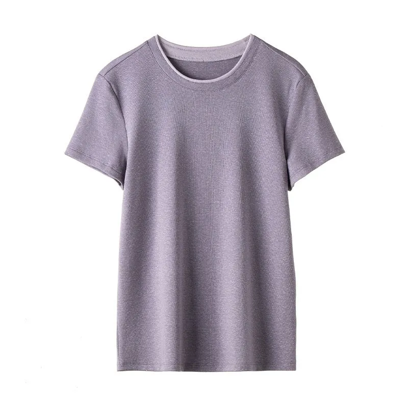 Damen Feines geripptes Kurzarm-T-Shirt aus stretchigem Baumwoll-Modal mit Rundhals Drune