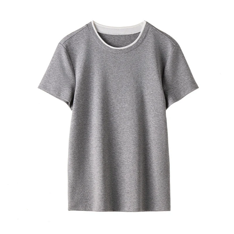 Damen Feines geripptes Kurzarm-T-Shirt aus stretchigem Baumwoll-Modal mit Rundhals Drune