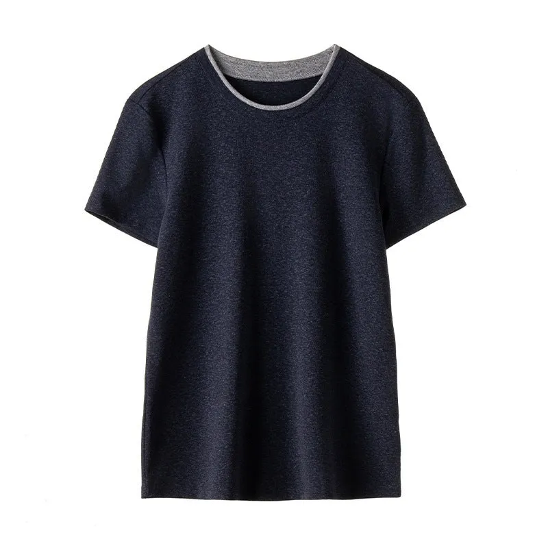Damen Feines geripptes Kurzarm-T-Shirt aus stretchigem Baumwoll-Modal mit Rundhals Drune