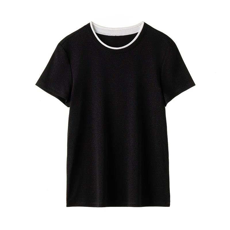 Damen Feines geripptes Kurzarm-T-Shirt aus stretchigem Baumwoll-Modal mit Rundhals Drune
