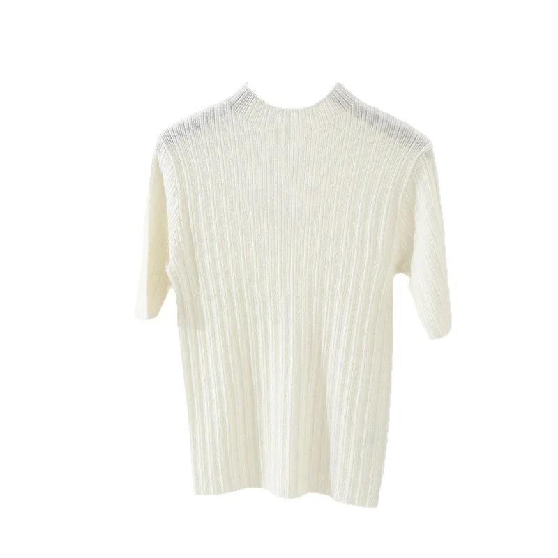 Damen Feines Geripptes Kurzarm-Feinstrickshirt mit Stehkragen Drune