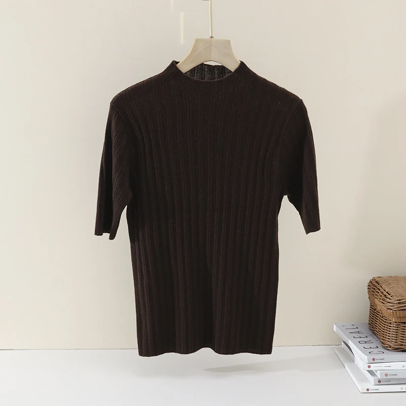 Damen Feines Geripptes Kurzarm-Feinstrickshirt mit Stehkragen Drune