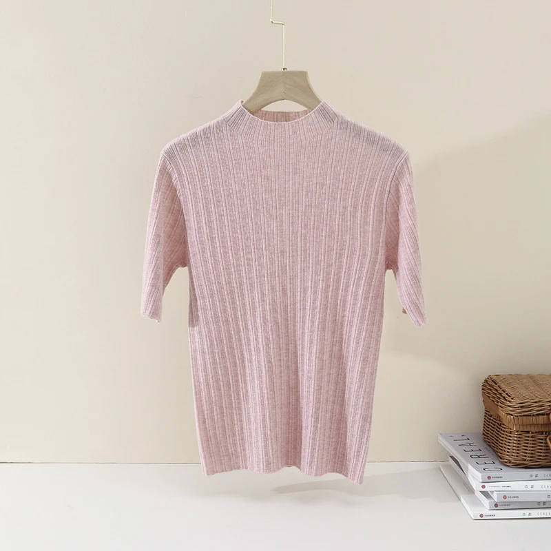Damen Feines Geripptes Kurzarm-Feinstrickshirt mit Stehkragen Drune