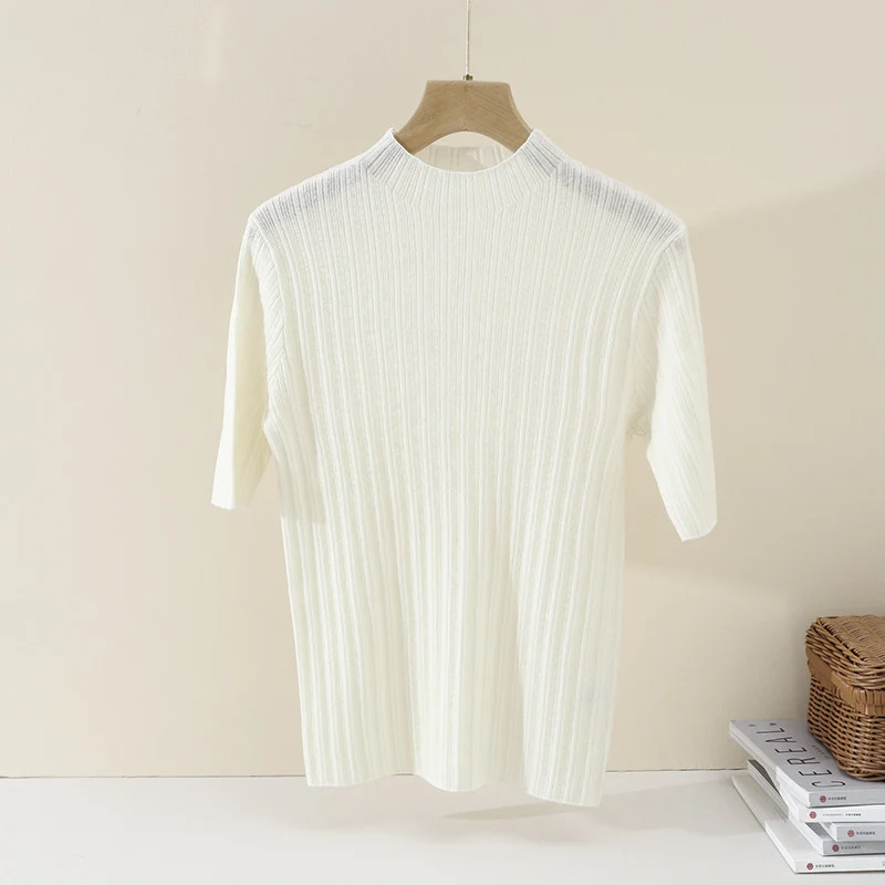 Damen Feines Geripptes Kurzarm-Feinstrickshirt mit Stehkragen Drune
