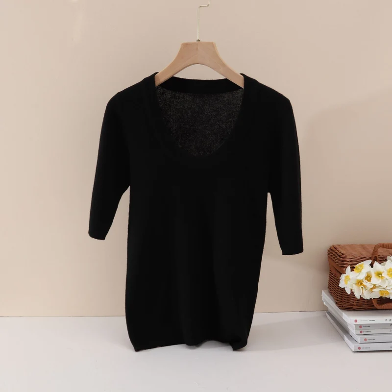 Damen Feines Feinstrick-Shirt mit tiefem Rundhals und dreiviertel Ärmeln Drune