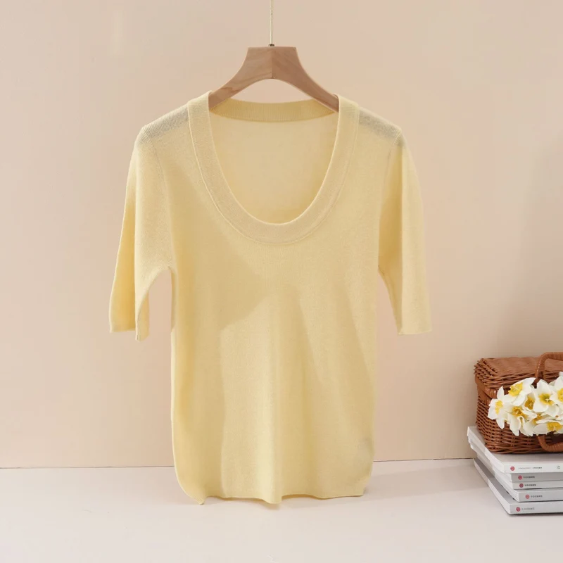 Damen Feines Feinstrick-Shirt mit tiefem Rundhals und dreiviertel Ärmeln Drune