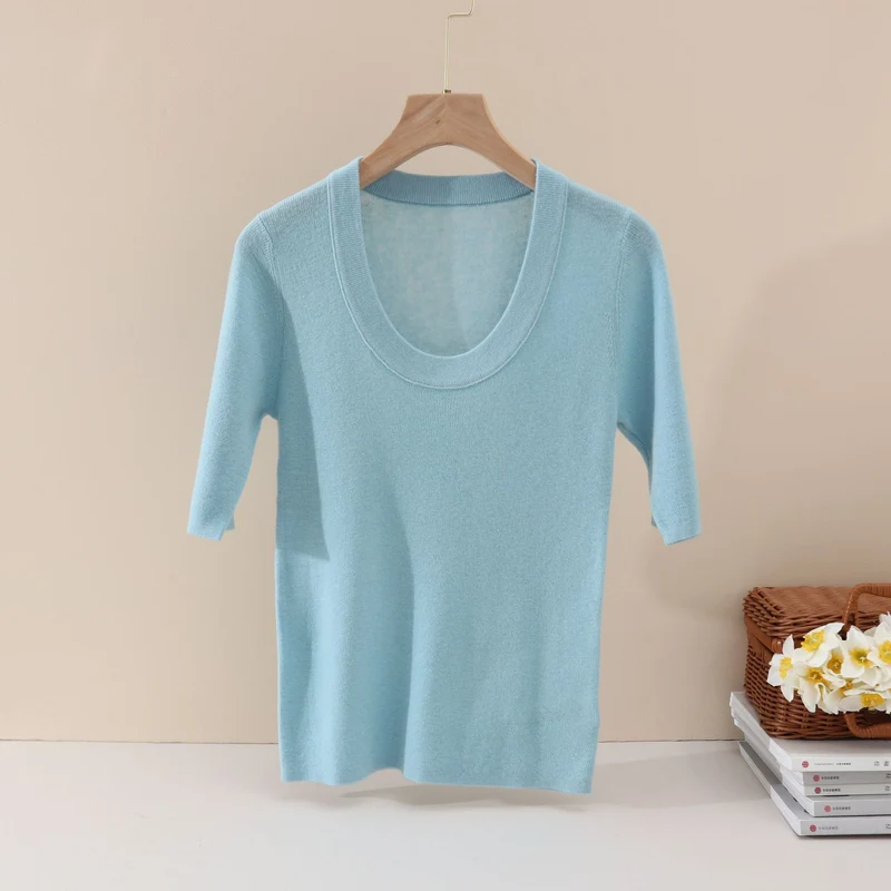 Damen Feines Feinstrick-Shirt mit tiefem Rundhals und dreiviertel Ärmeln Drune