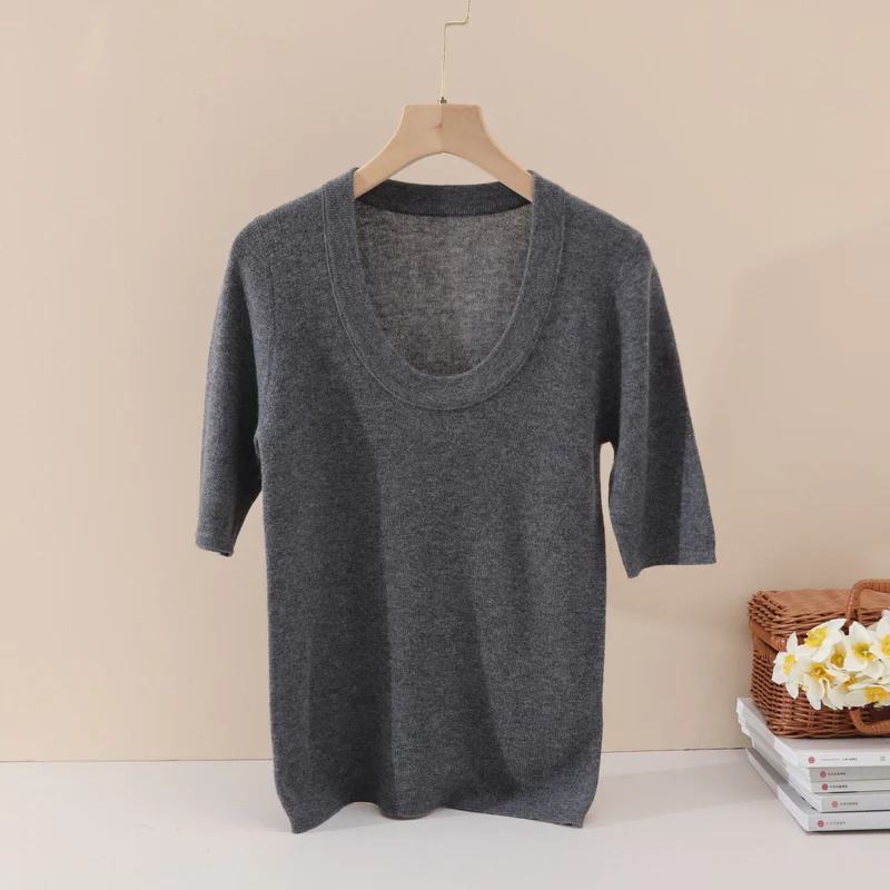 Damen Feines Feinstrick-Shirt mit tiefem Rundhals und dreiviertel Ärmeln Drune