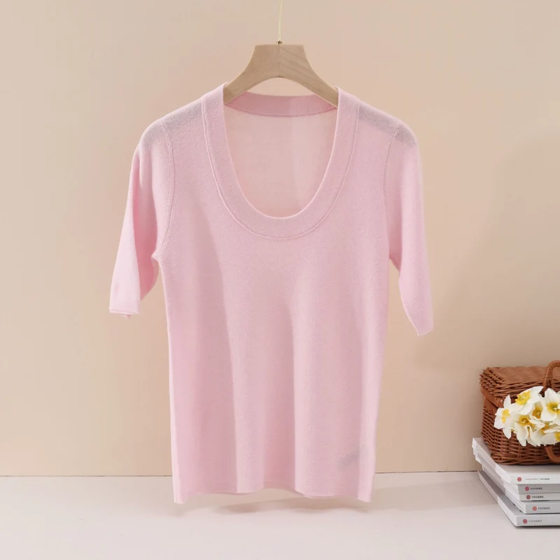 Damen Feines Feinstrick-Shirt mit tiefem Rundhals und dreiviertel Ärmeln Drune