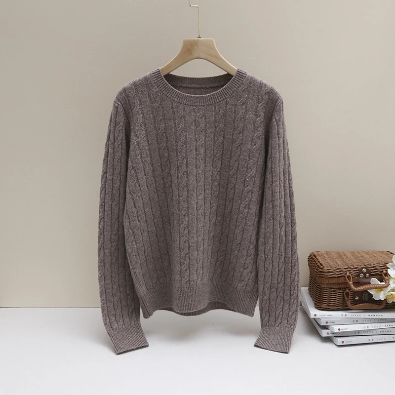 Damen Feiner Zopfmuster-Kabelstrickpullover mit Rundhalsausschnitt und Kaschmir‑Effekt Drune