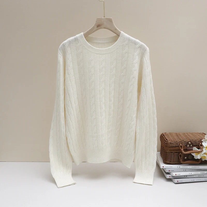 Damen Feiner Zopfmuster-Kabelstrickpullover mit Rundhalsausschnitt und Kaschmir‑Effekt Drune