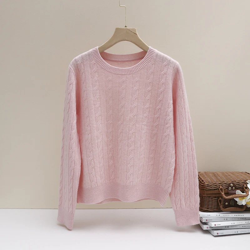 Damen Feiner Zopfmuster-Kabelstrickpullover mit Rundhalsausschnitt und Kaschmir‑Effekt Drune