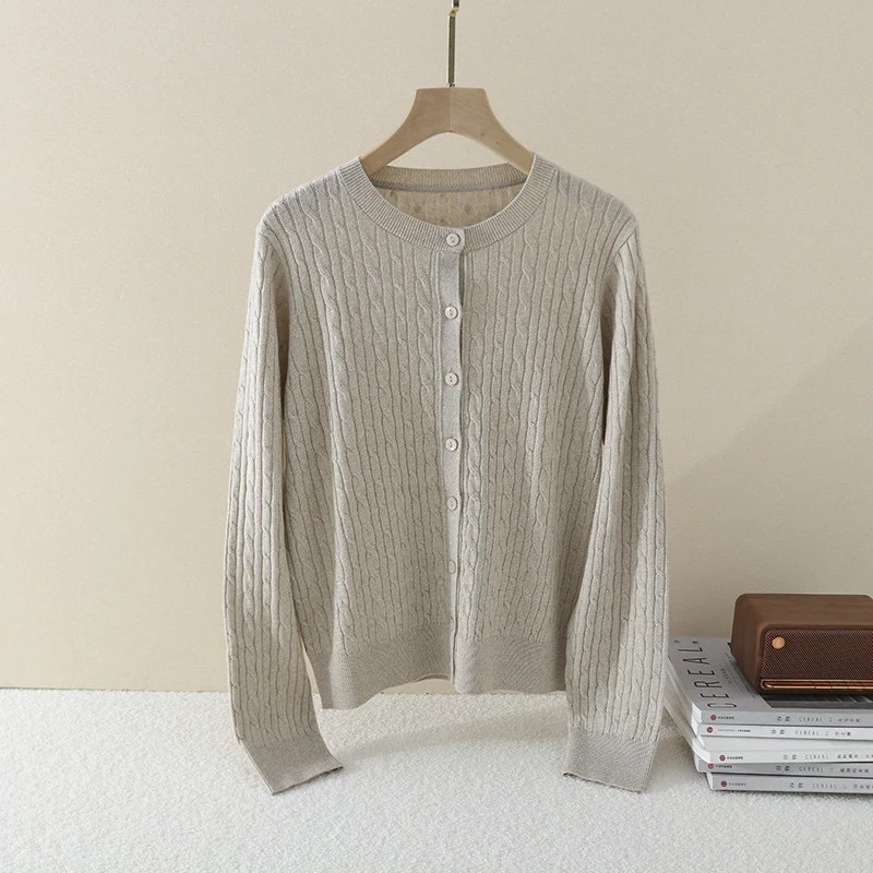 Damen Feiner Zopfmuster-Cardigan mit Rundhals und durchgehender Knopfleiste Drune